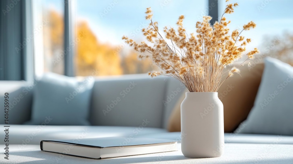 Poster a vase of dried yellow flowers sits on a white table in front of a sofa with blue pillows and a larg