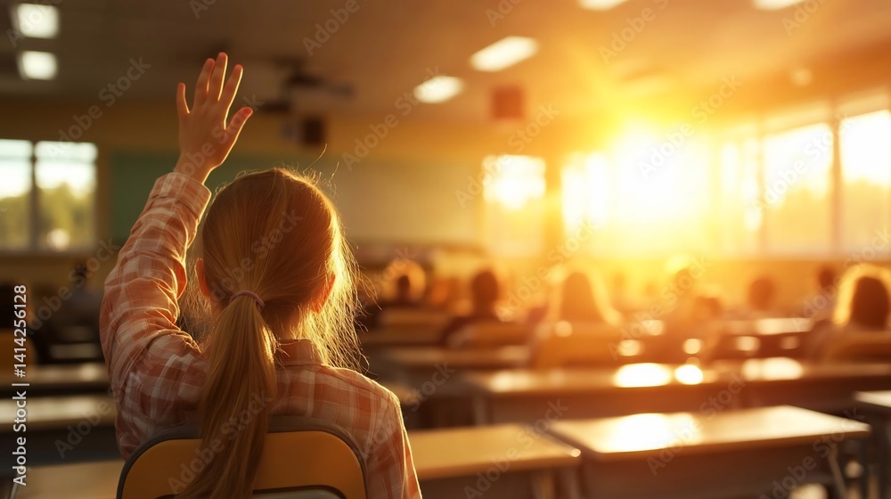 Poster Backlit classroom scene with a student raising their hand bathed in warm sunlight. Students and desks fill the space creating a sense of learning and engagement