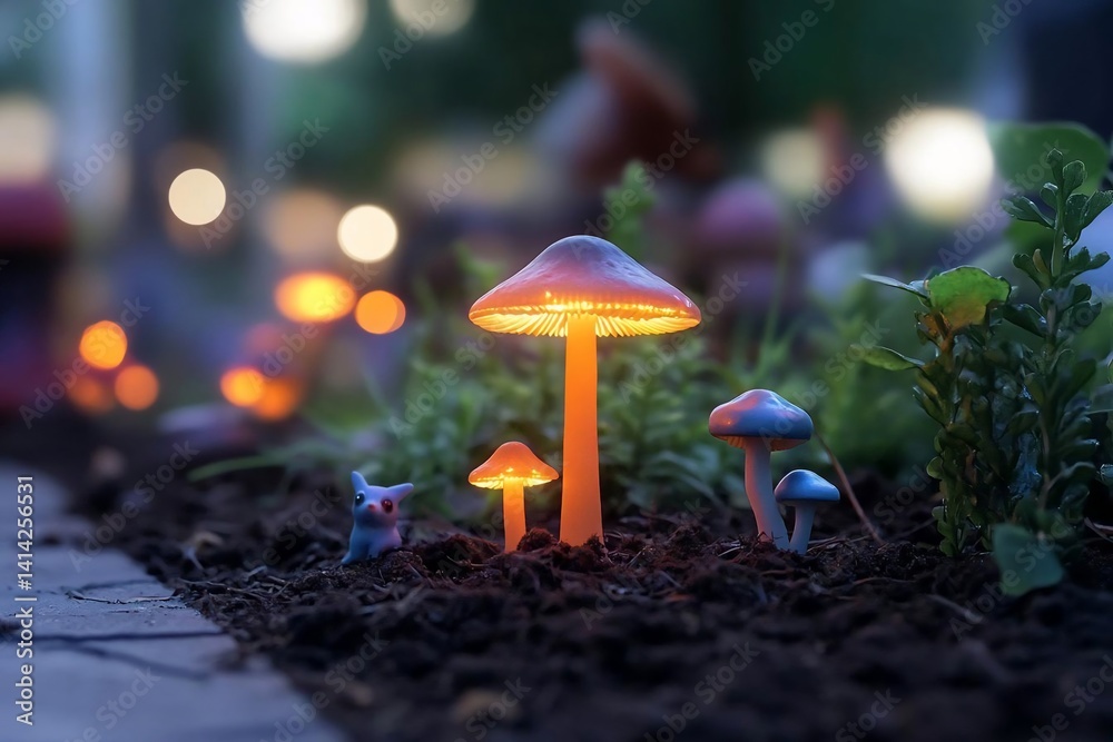 Poster Glowing mushrooms in a garden setting emitting warm light against a blurred background with a small blue creature in the foreground