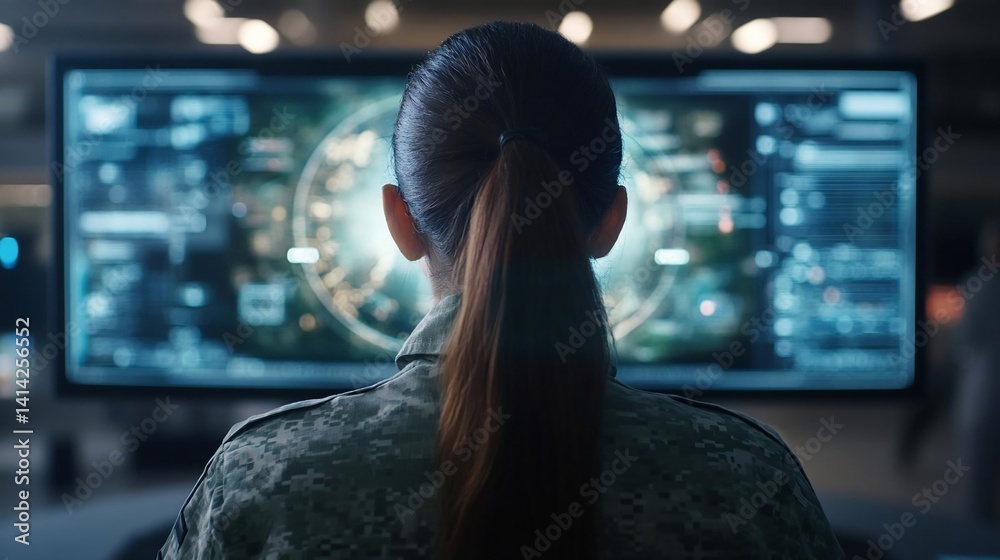 Aufkleber Rear view of a person looking at a large digital screen displaying complex data and graphics in a technological environment. The scene is softly lit
