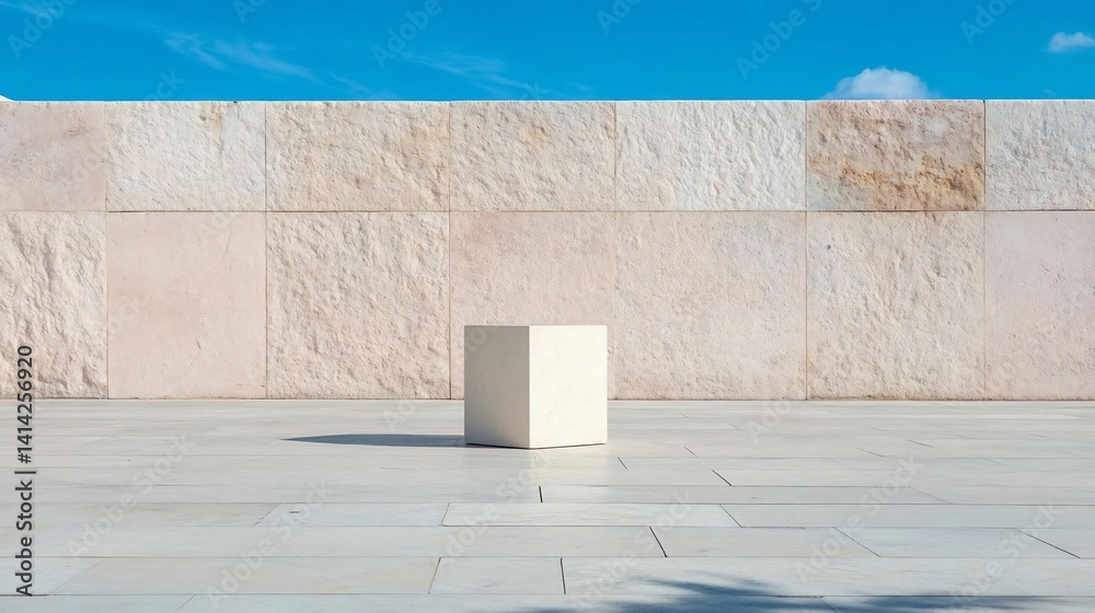 Poster geometric composition featuring a cubic form on a textured surface against a neutral backdrop bathed