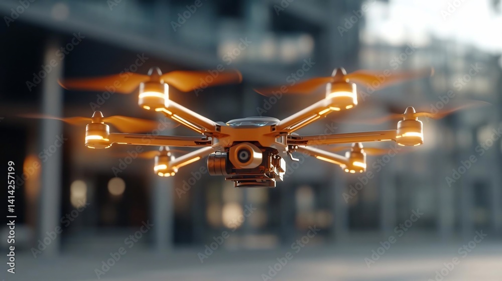 Poster Close-up view of a drone with glowing lights captured in a blurred urban setting during daytime. The drone is detailed with multiple rotors and a camera facing forward