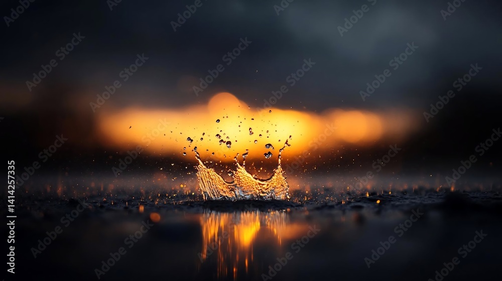 Poster Abstract crown splash with golden color and water droplets with blurred background with yellow bokeh effect