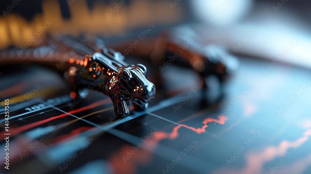 Poster A metallic dragon figure sits on a data chart with red and blue lines. The background is blurred with a shallow depth of field. Moody lighting with a dark atmosphere