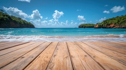 Fototapeta premium Tranquil Beach Paradise: Wooden Deck Overlooking Turquoise Waters and Lush Greenery