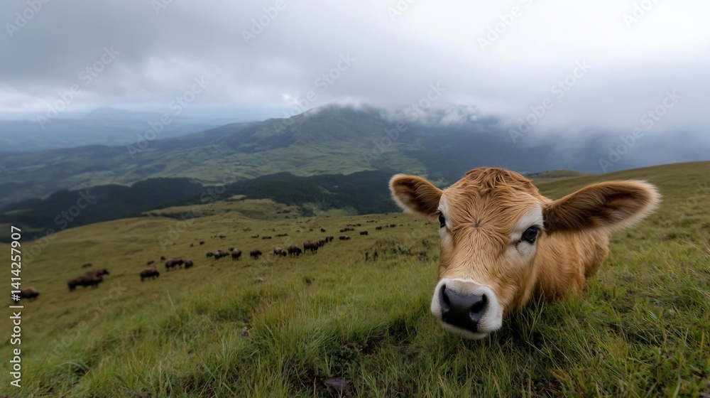 Poster a curious cow gazes towards the camera on a lush green hillside with a backdrop of rolling hills shr