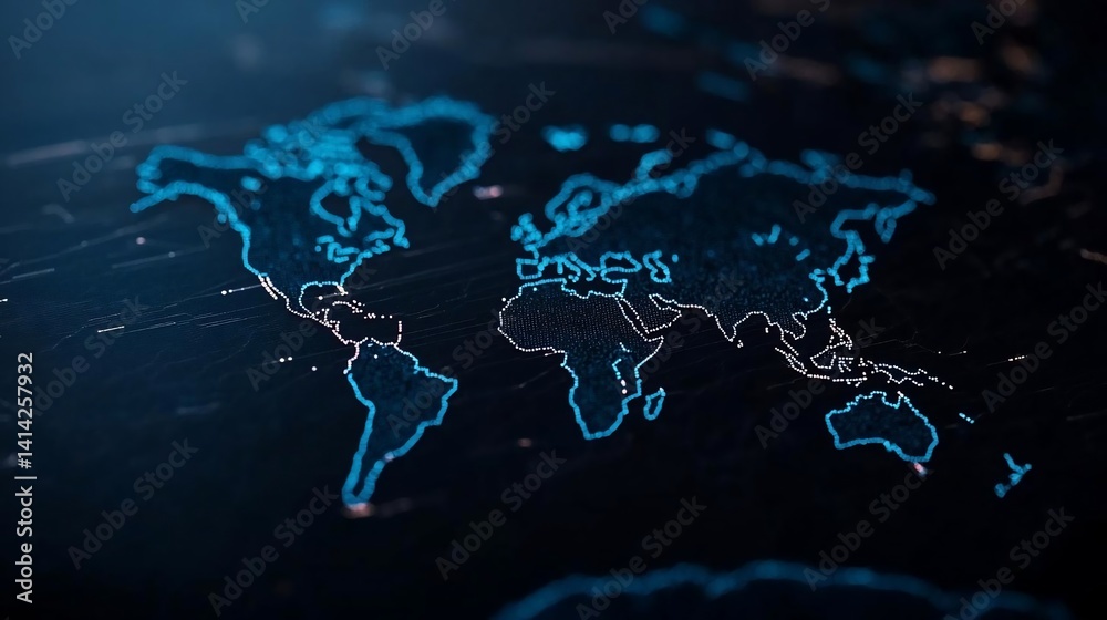 Poster Digital representation of the world map with glowing lines and dots against a dark blue background. Highlights continents and networks of lights in a futuristic presentation