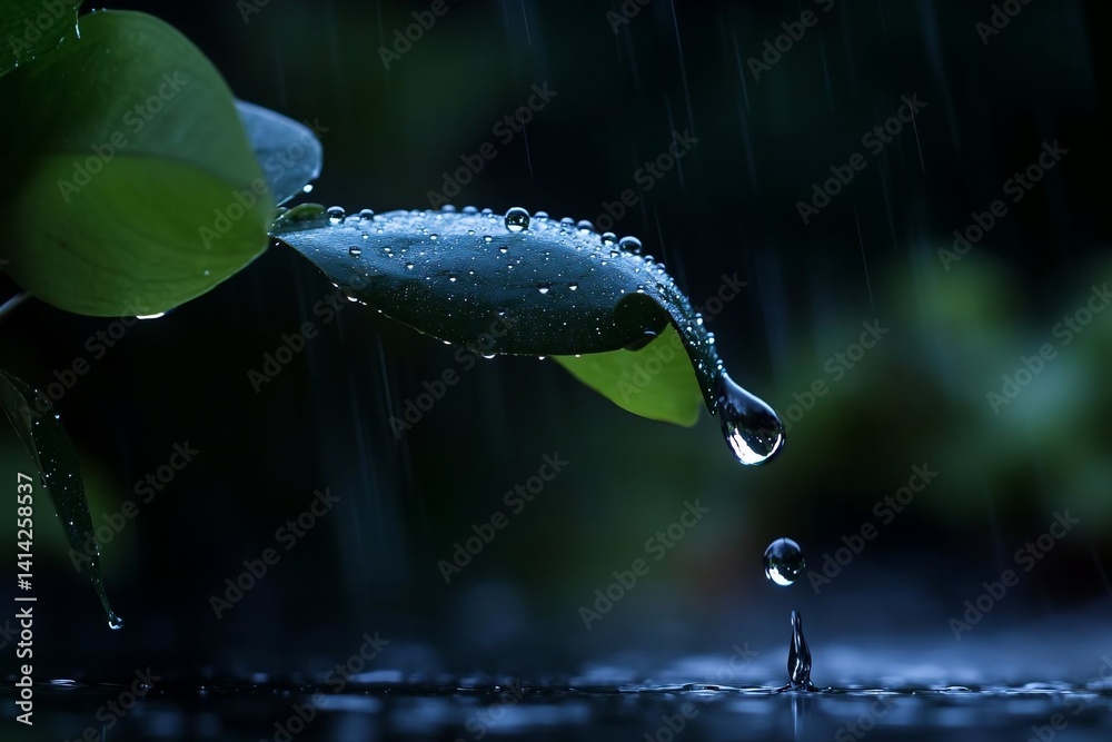 Aufkleber Close up of green leaves with water droplets during rainfall, focused on water's movement and surface details with shallow depth of field
