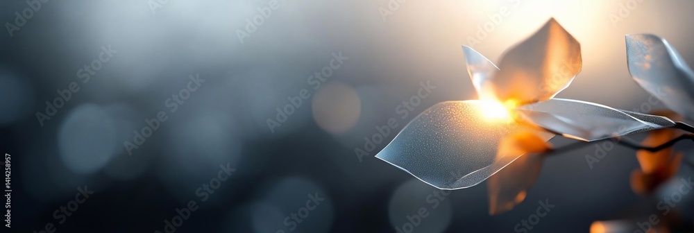 Aufkleber Abstract artistic floral display featuring crystalline petals and radiant backlight creating ethereal and moody atmosphere. Dark bokeh background contrasts with bright highlights