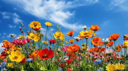 Naklejka premium Vibrant wildflowers bloom under sunny sky