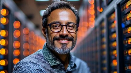 Confident engineer in a data center looking at camera expertise in network maintenance and cybersecurity solutions