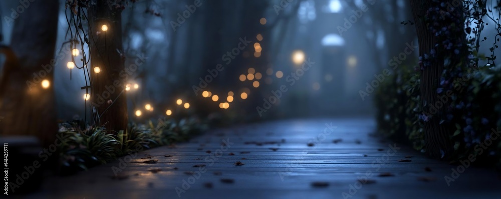 Fototapete Mysterious forest path scene with string lights illuminating the wooden pathway. Misty atmosphere creates a magical ambiance with trees and lush greenery. Soft focus with shallow depth of field