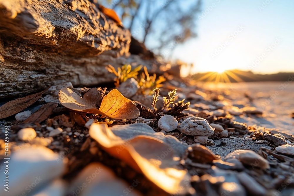 Poster close-up shot of textured rocks and pebbles with warm sunlight illuminating the scene. focus on deta