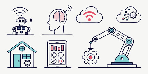 Smart Automation Technology Vector Icons Industry 4.0 Robot Brain Cloud Home