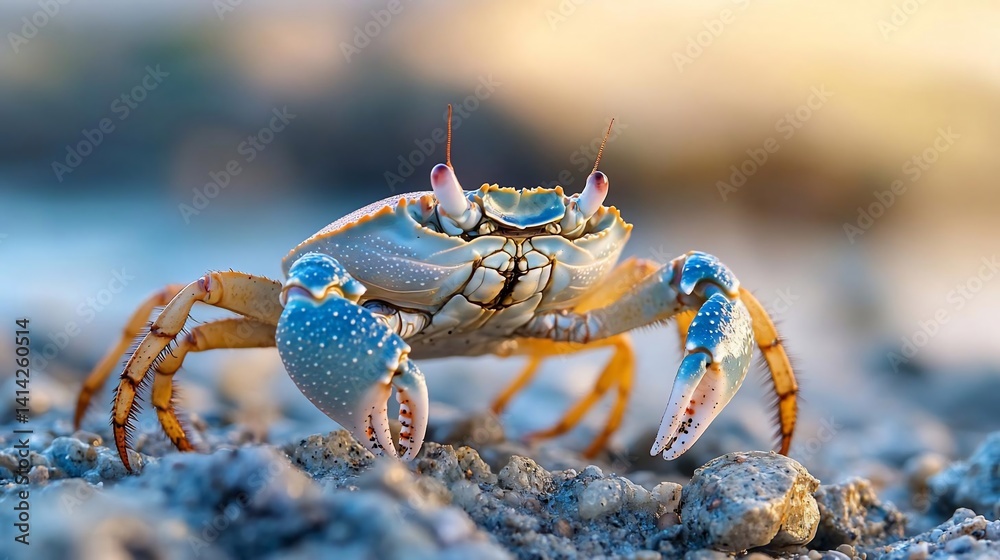 Poster close-up of a crab on a sandy beach illuminated by sunlight. the crab features a detailed shell with