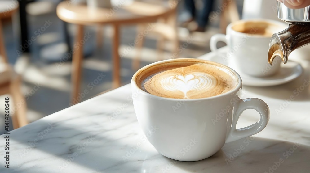 Poster Close up of a cappuccino with latte art in a white mug. Marble table. Cafe setting with sunlight and blurred background