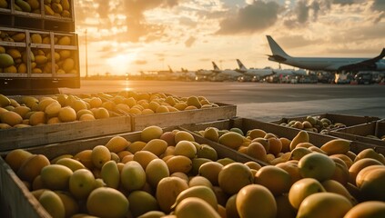 Obraz premium Airport Scene with Numerous Mango Crates and Containers Full of Fresh Mangoes Ready for Cargo Plane Pickup at Sunset, Emphasizing Fruit Quality and Freshness, Warm Colors Conveying Joy in Global Food 