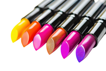 Vibrant collection of colorful lipsticks arranged artistically on a clean background isolated on transparent background