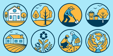 Sustainable Gardening and Environment Vector Icons with House and Earth