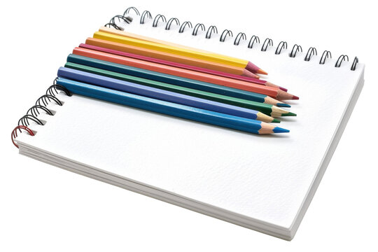 A collection of vibrant colored pencils resting on a blank spiral notebook ready for creativity isolated on transparent background