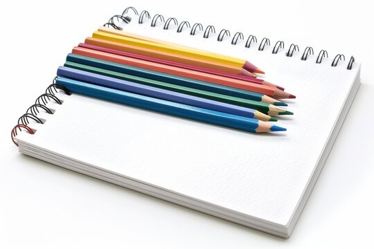 A collection of vibrant colored pencils resting on a blank spiral notebook ready for creativity isolated on transparent background