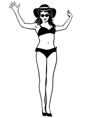 Woman in Bikini Posing in Hat and Sunglasses. Black and white vector clipart isolated on white.