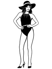Woman in Swimwear Posing in Hat. Black and white vector clipart isolated on white.
