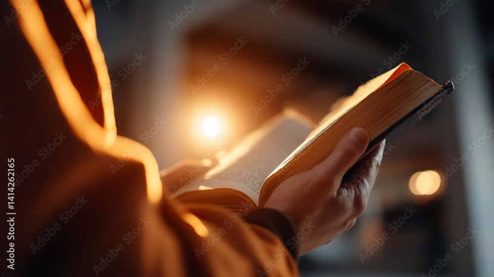 Poster Close-up of hands holding an open book illuminated by warm sunlight. The image focuses on the pages and the texture of the paper with a soft, ambient glow