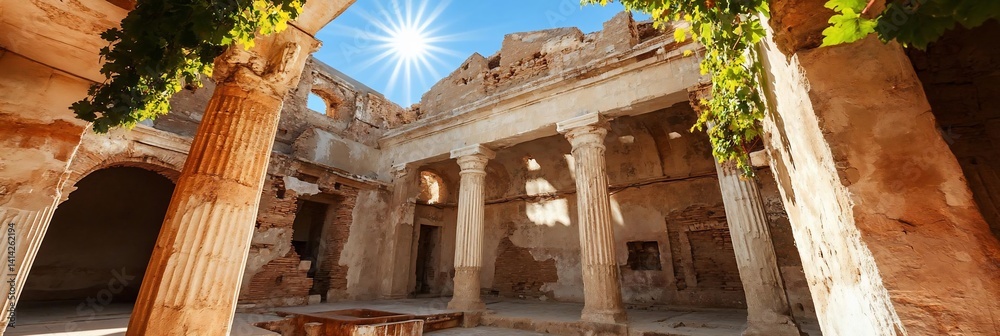 Poster sunlit ancient ruins with stone columns brick walls and architectural details. green foliage frames 