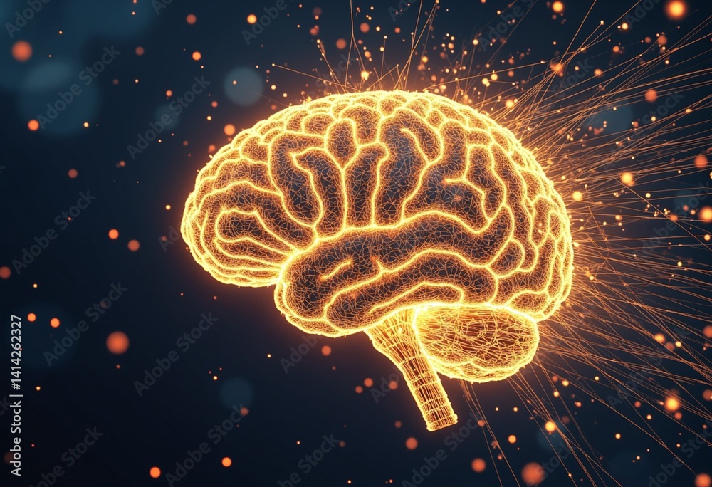 Fototapete Golden neural brain network illuminated with digital sparks, symbolizing intelligence, connectivity, and the future of technology