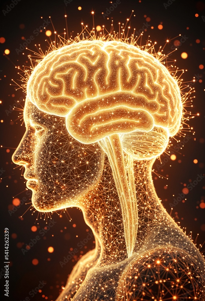 Aufkleber golden neural brain network illuminated with digital sparks, symbolizing intelligence, connectivity,