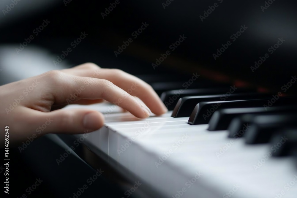 Poster close up of a hand playing a piano with focus on the fingers on the keys. the image shows a person's