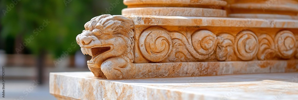 Aufkleber Detailed view of an architectural stone element showcasing intricate carvings and textures depicting an ancient lion head and scroll patterns with blurred greenery background