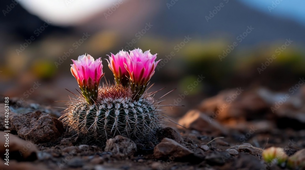 Poster close up of blooming cactus with pink flowers illuminated by sunlight amidst rocky desert terrain. s