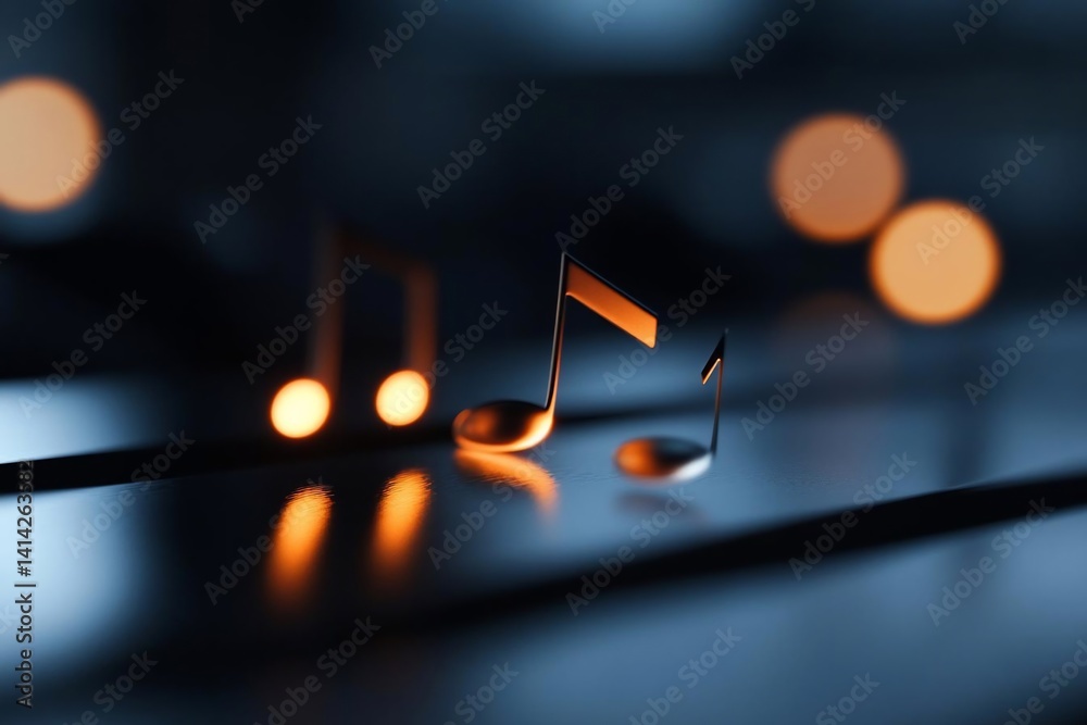 Poster Close-up of illuminated musical notes with a blurred background showcasing bokeh lights and reflections emphasizing the music and rhythm concept