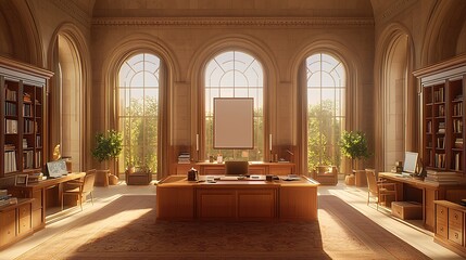 Sunlit Office Interior with Large Windows and Wooden Furnishings