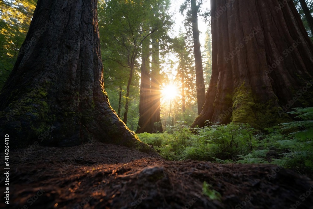 Aufkleber Sunlight streams through trees illuminating the forest floor creating a warm and inviting atmosphere