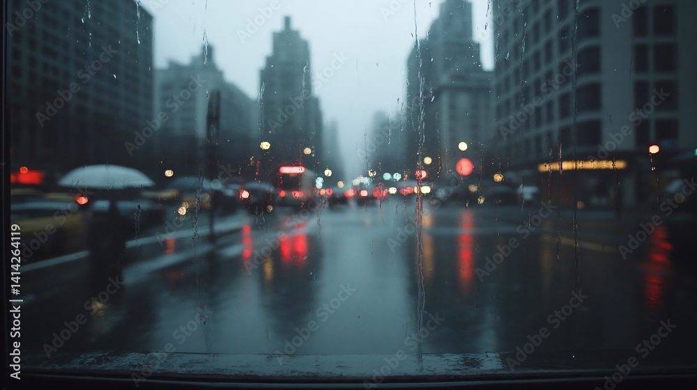 Poster cityscape view through a rainy window with blurred lights and reflections. buildings and traffic vis
