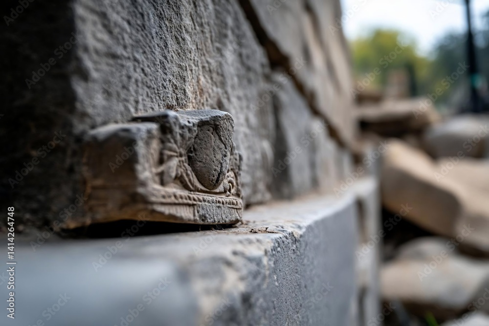Aufkleber Close up view of weathered stone wall detail with carved relief showing architectural elements. Selective focus on the textured surfaces and design elements