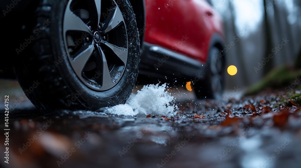 Poster close up of generic car tire on wet road splashing water and snow droplets in forest setting. autumn