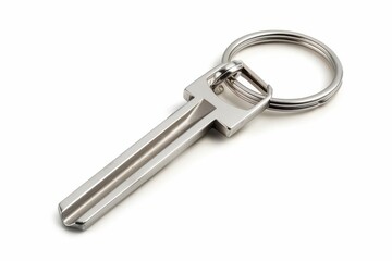 A close-up view of a shiny metal key resting on a smooth surface in bright lighting isolated on transparent background