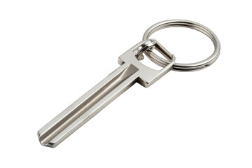 A close-up view of a shiny metal key resting on a smooth surface in bright lighting isolated on transparent background