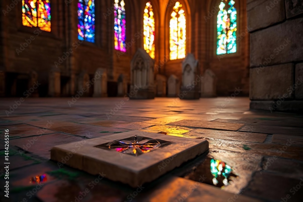Poster low angle interior shot of a structure with colorful stained glass windows reflecting on the wet flo