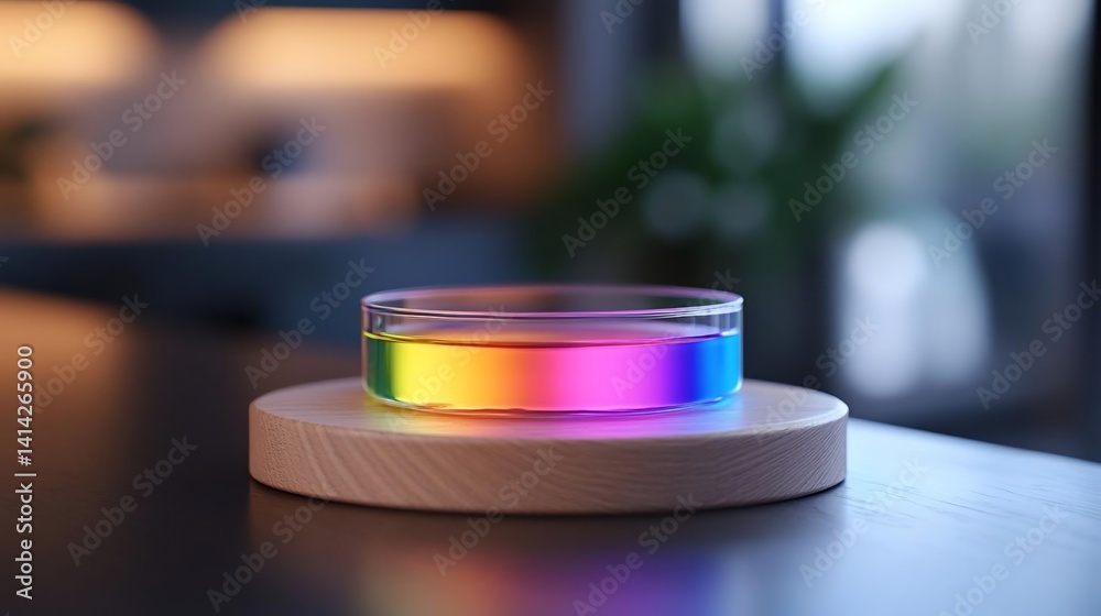 Poster close up of a glass bowl with vibrant rainbow colors illuminated on a wooden pedestal blurred backgr