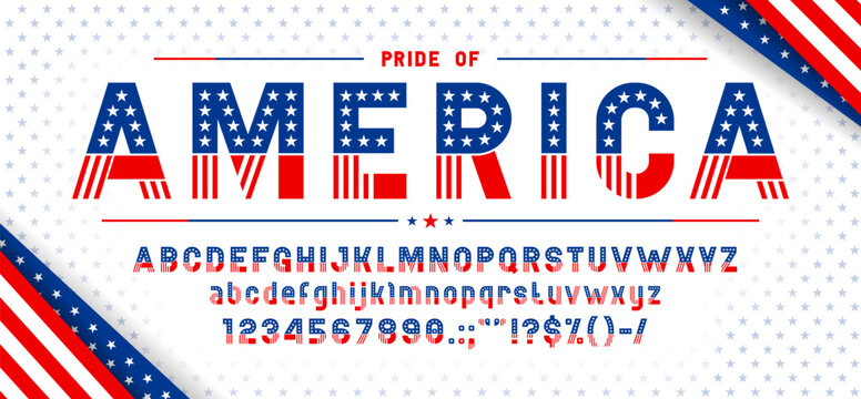 USA flag font, american patriot typeface, 4th July type, America freedom alphabet vector typography set. USA patriotic font letters and numbers with stars and stripes pattern of United States flag