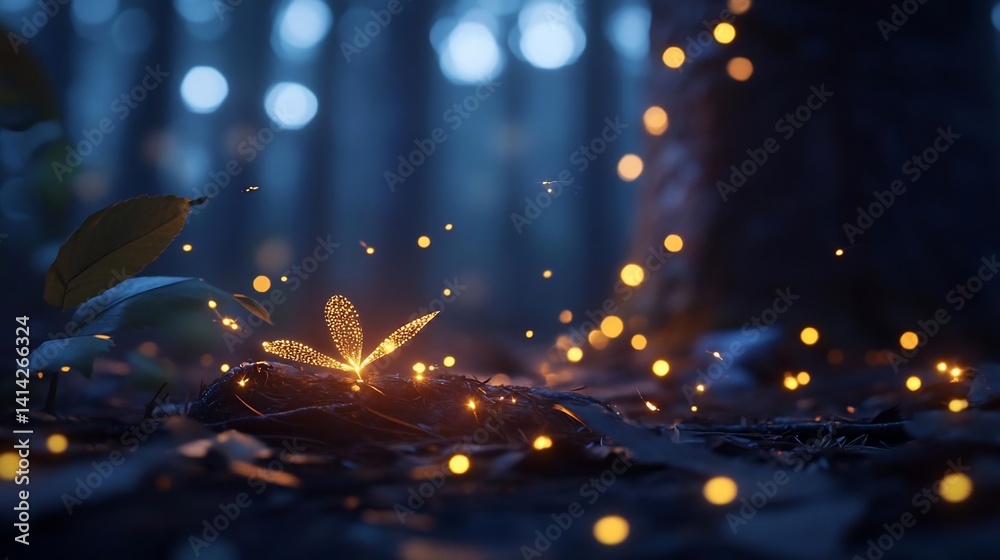 Aufkleber Glowing sparks illuminating forest floor against blurred dark backdrop with bokeh effects creating mystical ambient environment