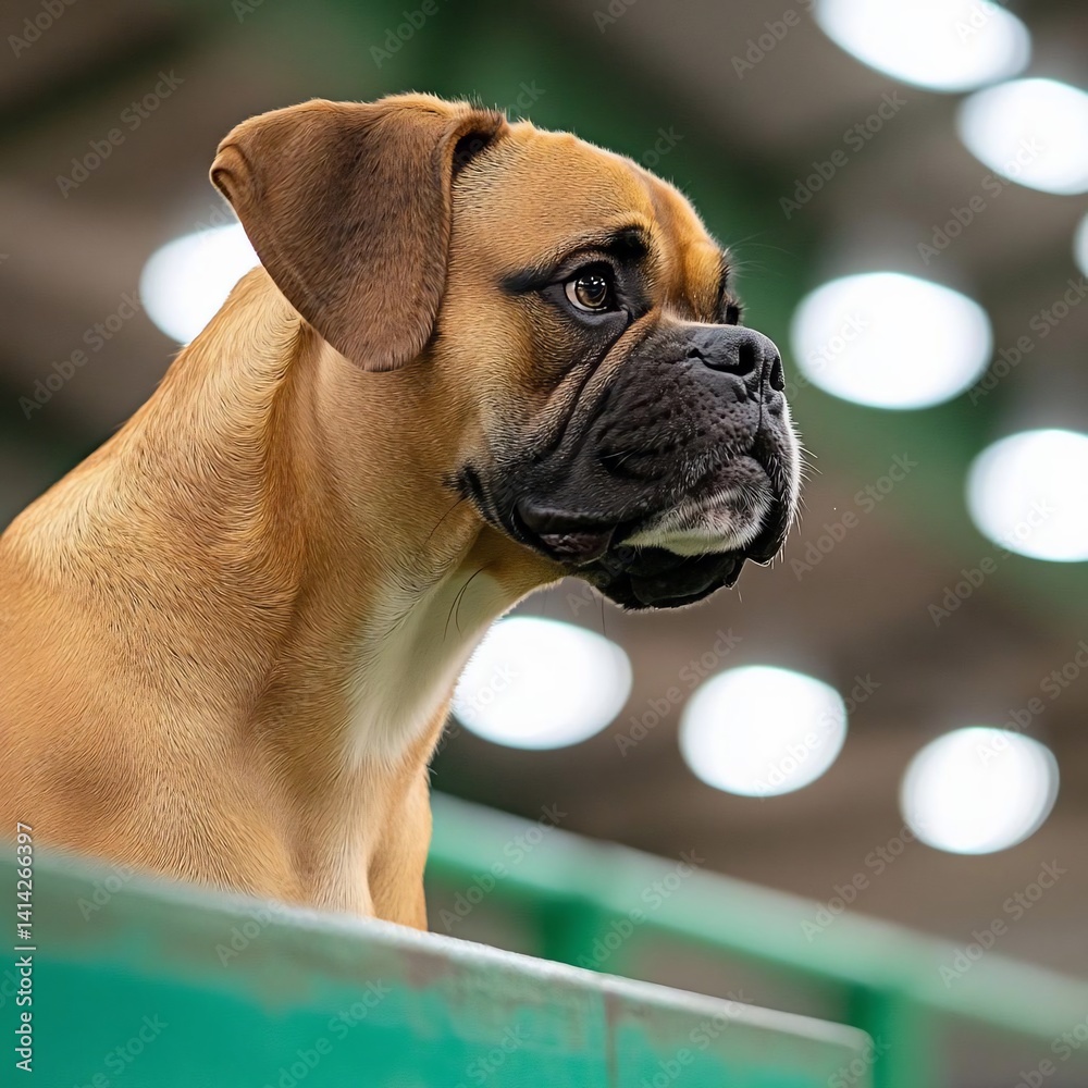 Aufkleber Close-up portrait of a dog with attentive expression focused on the right side set against a soft background featuring bokeh lights