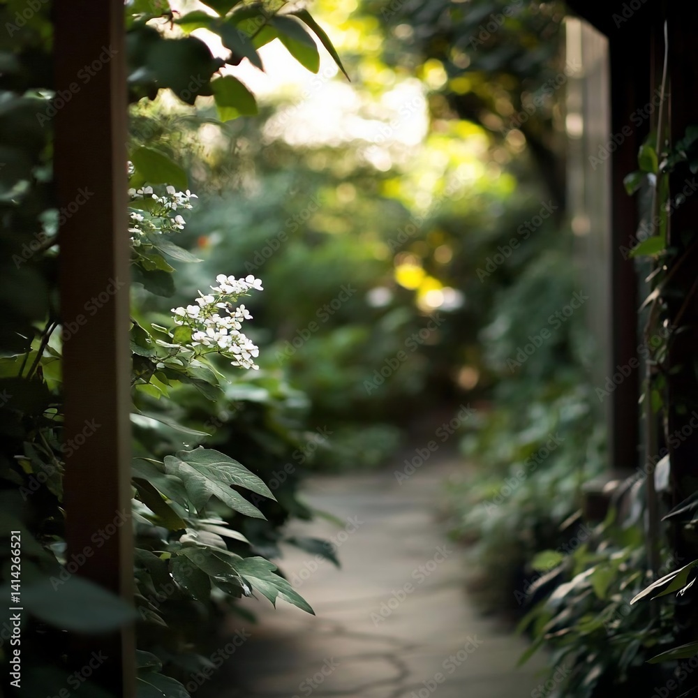 Poster pathway through lush green garden with selective focus on white flowers and foliage sunlight streami