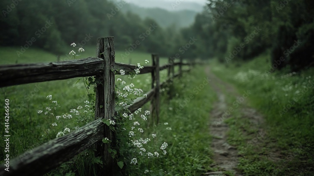 Leinwandbilder rustic wooden fence and path lead through lush green meadow under moody atmospheric lighting. white 
