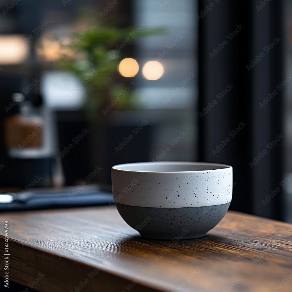Poster Close up of a ceramic bowl on a wooden surface with a blurry background showing bokeh lights and plants emphasizing a cozy atmosphere